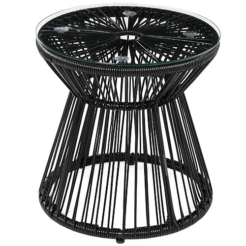 STILVORA Table d'appoint 40/40/42 cm noire en rotin avec plateau en verre trempé
