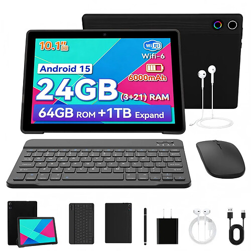 byxsb Tablette Android 15 10,1", 24 Go RAM, 64 Go ROM, Clavier et Souris