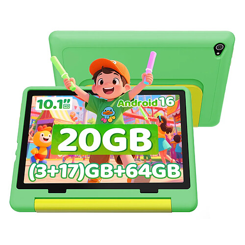 byxsb Tablette Enfant Android 16 10,1", 20 Go RAM, 64 Go ROM, Coque Antichoc