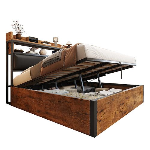 STILVORA Lit 140/200 cm noir en métal et bois avec rangement hydraulique et USB