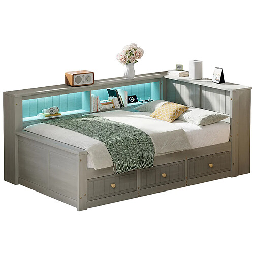 STILVORA Lit de jour 90/200 cm gris en MDF et contreplaqué avec LED et rangements