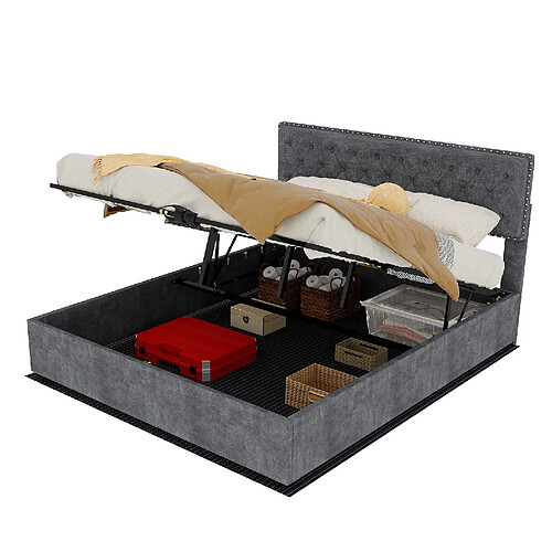 STILVORA Lit 160/200 cm gris en tissu et métal avec grande tête de lit
