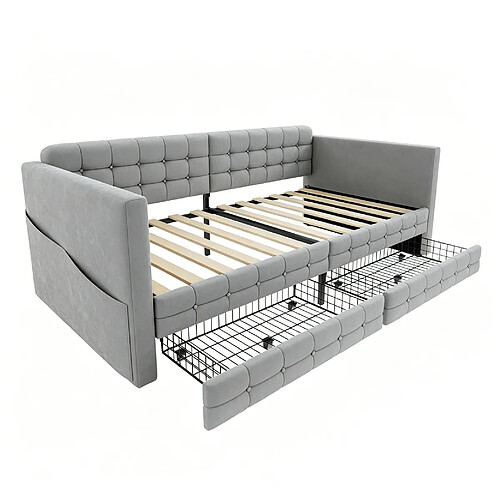 STILVORA Banquette-lit 90/190 cm gris clair en velours avec poches et 2 tiroirs