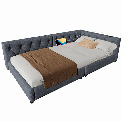 STILVORA Lit de jour 90/200 cm gris en lin avec LED et ports USB-C