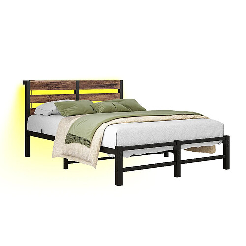 STILVORA Lit 120/200 cm noir et brun en métal et bois avec LED et USB