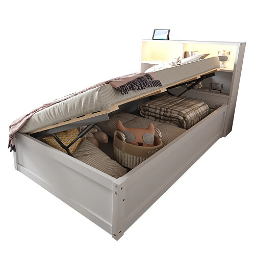 STILVORA Lit banquette 90/200 cm blanc en bois avec LED prises et 4 rangements