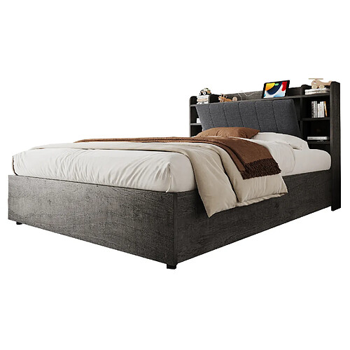 STILVORA Lit 180/200 cm gris et bois en MDF avec rangement hydraulique et USB