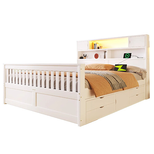 STILVORA Lit plateforme 160/200 cm blanc en MDF et contreplaqué avec LED et 4 tiroirs