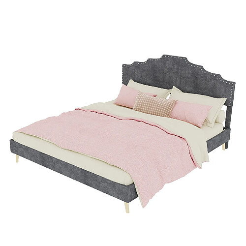 STILVORA Lit rembourré 160/200 cm gris en tissu et métal avec tête de lit géométrique