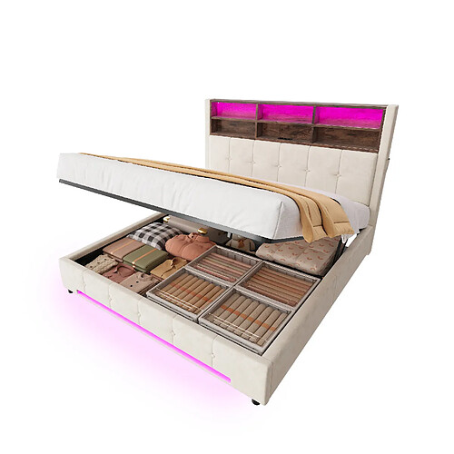 STILVORA Lit coffre 160/200 cm beige en métal et velours avec tête de lit multifonction