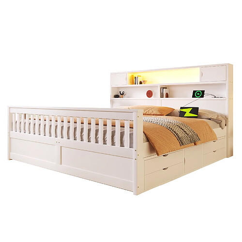 STILVORA Lit plateforme 180/200 cm blanc en MDF et contreplaqué avec LED et 4 tiroirs