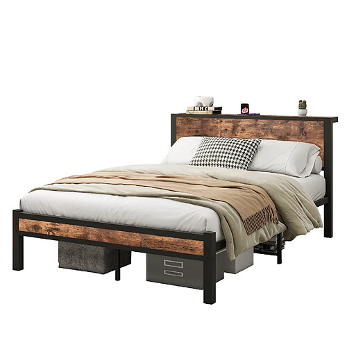 STILVORA Lit 140/200 cm brun antique en MDF et métal avec tête de lit de rangement