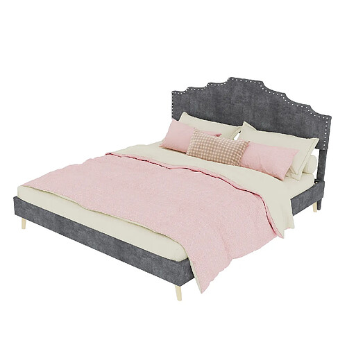STILVORA Lit rembourré 160/200 cm gris en tissu et métal avec tête de lit géométrique