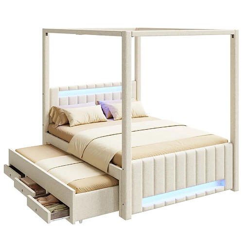 STILVORA Lit à baldaquin 140/200 cm beige en lin et MDF avec LED lit gigogne