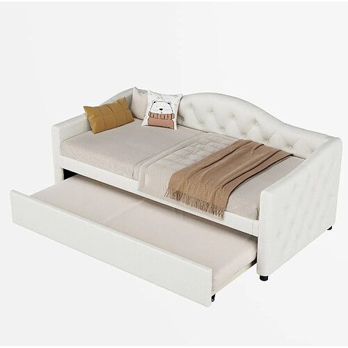 STILVORA Lit de jour 90/200 cm beige en lin avec lit gigogne escamotable