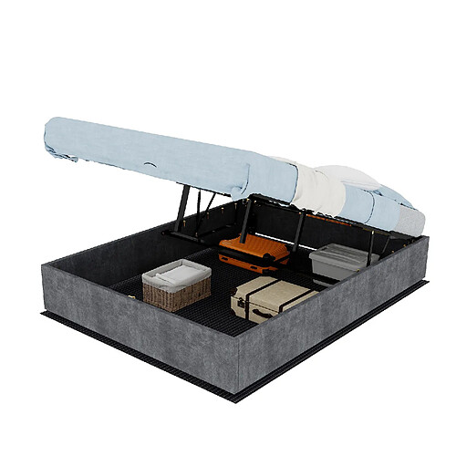 STILVORA Lit 140/200 cm gris en tissu et métal avec coffre à vérin