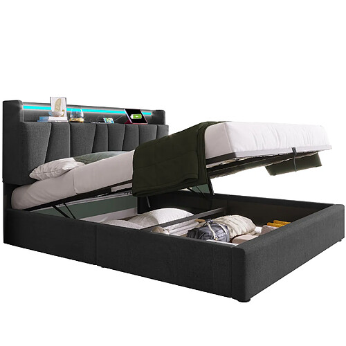 STILVORA Lit rembourré 140/200 cm gris en lin avec tête de lit rangement LED USB