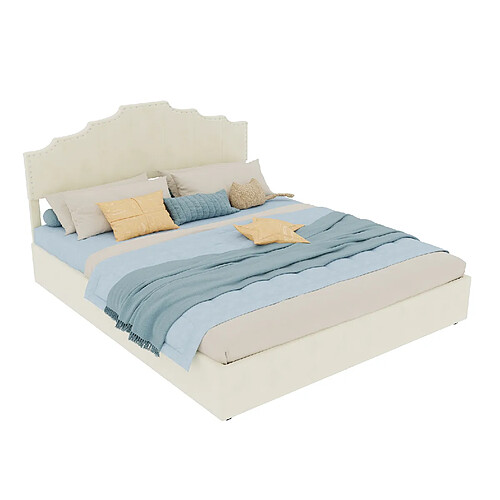STILVORA Lit coffre 160/200 cm beige en bois et tissu avec matelas inclus