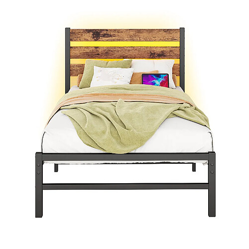 STILVORA Lit 120/200 cm brun antique en MDF et métal avec LED et ports USB