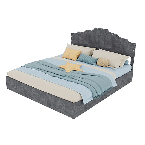 STILVORA Lit rembourré 160/200 cm gris en tissu et métal avec coffre relevable