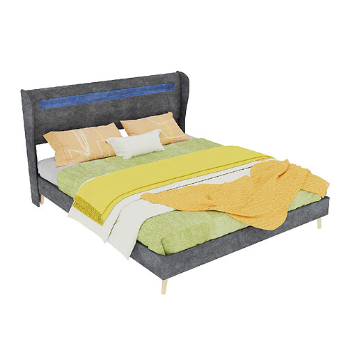 STILVORA Lit rembourré 160/200 cm gris en tissu et métal avec tête de lit LED