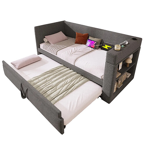 STILVORA Banquette-lit 90/190 cm grise en coton et lin avec lit gigogne et ports USB