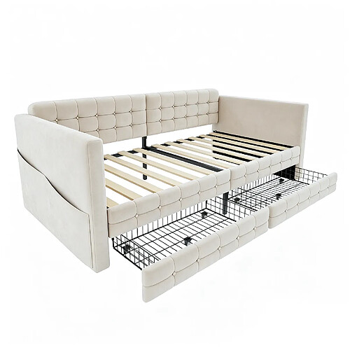 STILVORA Banquette-lit 90/190 cm beige en velours avec tiroirs et poches latérales