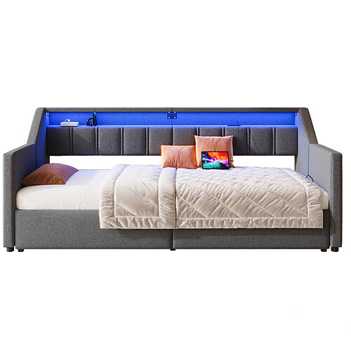 STILVORA Lit de jour 90/200 cm gris en lin avec USB Type-C LED et rangement
