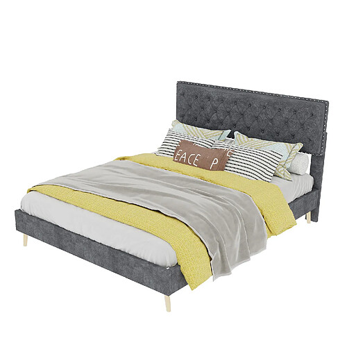STILVORA Lit 140/200 cm gris en tissu et métal avec tête de lit haute