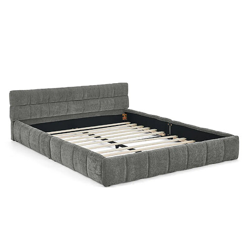 STILVORA Lit double 140/200 cm gris foncé en chenille avec structure bois et métal