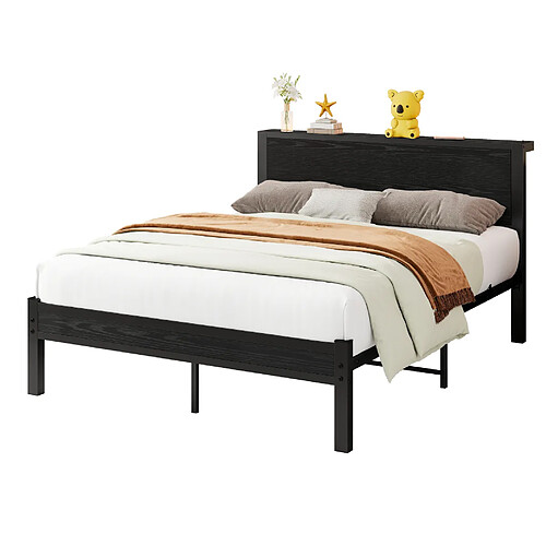 STILVORA Lit 140/200 cm noir en MDF et métal avec tête de lit de rangement