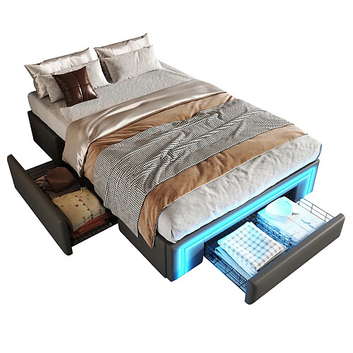 STILVORA Lit 90/200 cm gris en simili cuir avec tiroirs et bande LED