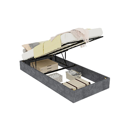 STILVORA Lit enfant 90/200 cm gris en tissu et métal avec rangement relevable