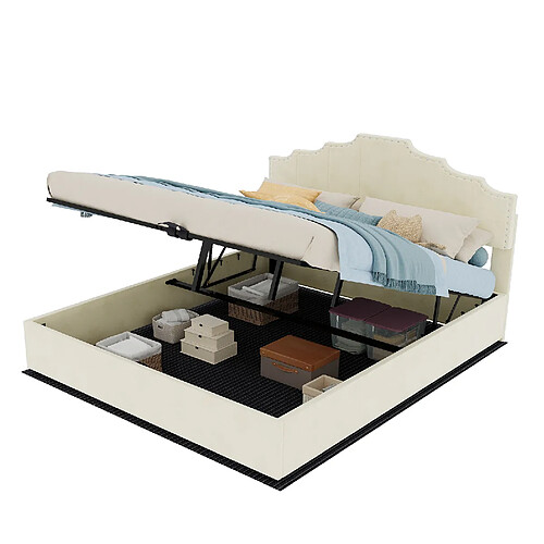 STILVORA Lit coffre 160/200 cm beige en tissu et métal avec tête de lit géométrique