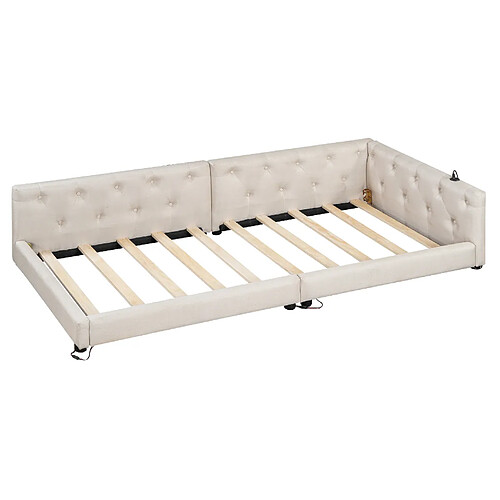STILVORA Lit de jour 90/200 cm beige en lin avec LED et ports USB Type-C