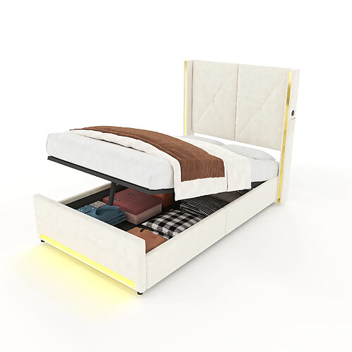 STILVORA Lit coffre 90/200 cm beige en velours avec LED USB et tête de lit haute