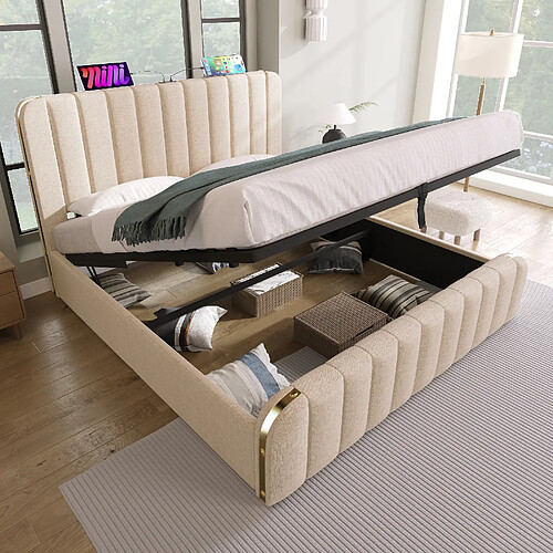 HAUSS SPOLE Lit coffre 140x200 cm - Tête rembourrée - Beige