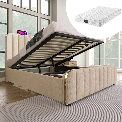 HAUSS SPOLE Lit avec rangement 90x200 cm - Tête rembourrée - Beige