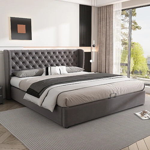 HAUSS SPOLE Lit coffre 160x200 cm - Lit capitonné - Gris