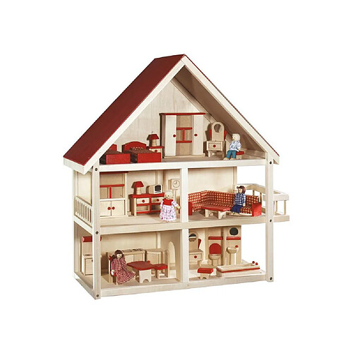 ROBA Maison de poupée en bois 3 niveaux - Naturel rouge - 4 poupées