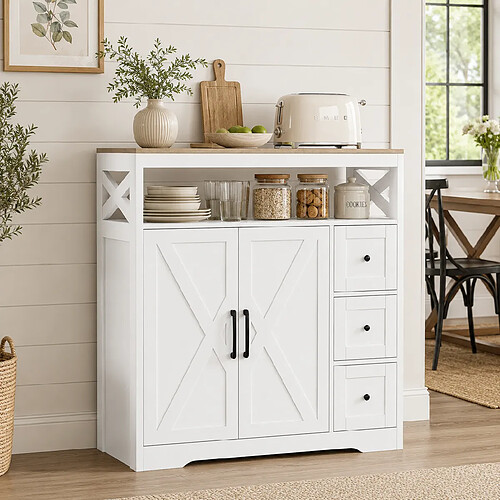 MEXUS Buffet 100x40x105 cm, Meuble de Rangement avec 2 Tiroirs, 2 Portes, Étagère Réglable, Blanc