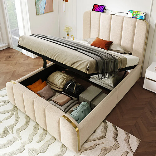 HAUSS SPOLE Lit coffre 90x200 cm - Tête rembourrée - Beige