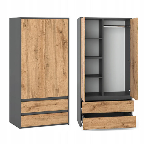 Stiv-Meubles Armoire Dressing Moderne 90 cm - 2 Portes, 2 Tiroirs, Gris+ Chêne Wotan
