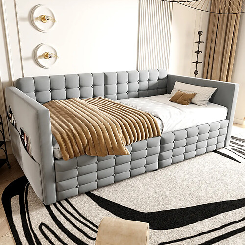 HAUSS SPOLE Lit banquette 90×190 cm en velours gris clair avec 2 tiroirs, poches latérales, sans matelas
