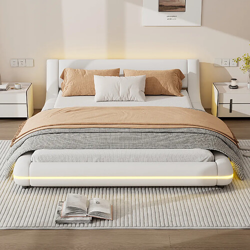HAUSS SPOLE Lit bas 140 × 200 cm, lit double avec LED réglable, structure stable en PU et MDF, idéal pour chambre moderne, design blanc, sans matelas