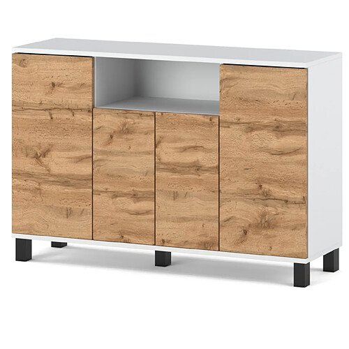 Stiv-Meubles Commode Blanc + Chêne Wotan 120 cm 4 Portes - Meuble TV Moderne pour Salon et Chambre - Buffet de Rangement Design
