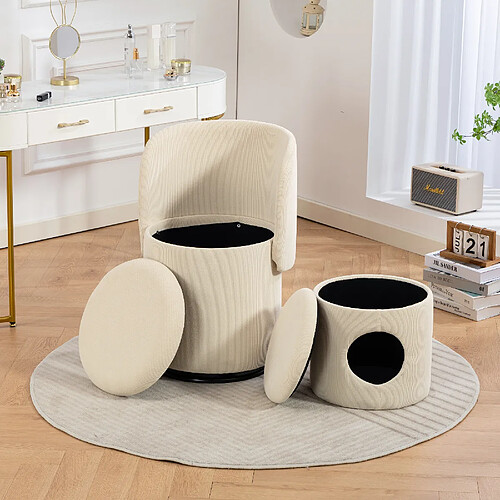MIVRAY Fauteuil tonneau pivotant, rangement intégré, velours côtelé beige 42x42x75 cm