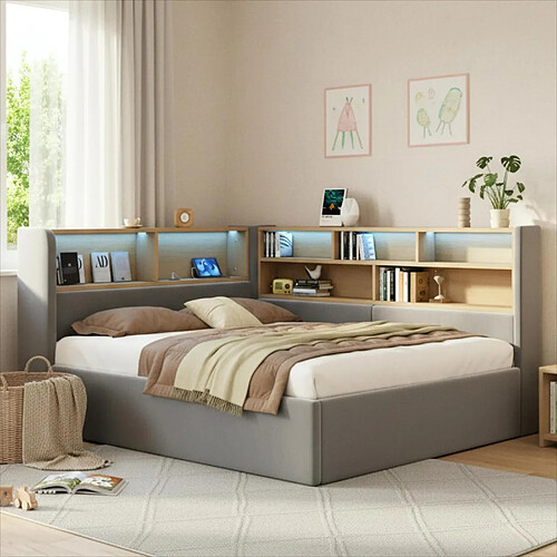 HAUSS SPOLE Lit banquette 140×200 cm, couchage double avec coffre hydraulique, LED et ports USB Type-C, idéal en chambre, design en velours gris, sans matelas