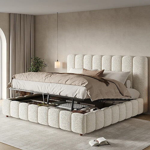 HAUSS SPOLE Lit coffre 200 × 200 cm, lit double avec rangement hydraulique et tête capitonnée, structure stable, idéal pour chambre moderne, sans matelas