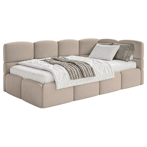 SELSEY - Lit ado CLOUDY – avec matelas – Velours – Beige – Tête de lit à droite – 90x200 cm